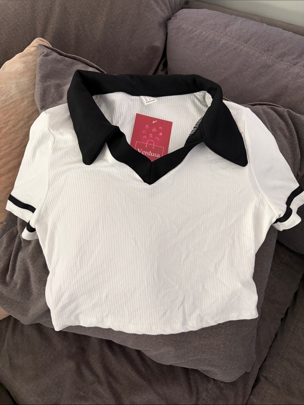 Girls' White Ribbed Polo Top with Black Collar - Verdusa